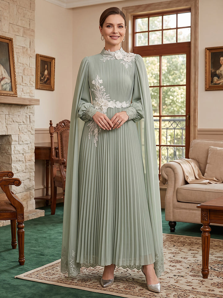 Chiffon A Line High Neck Lace Applique Pleated Mother of the Bride Dresses