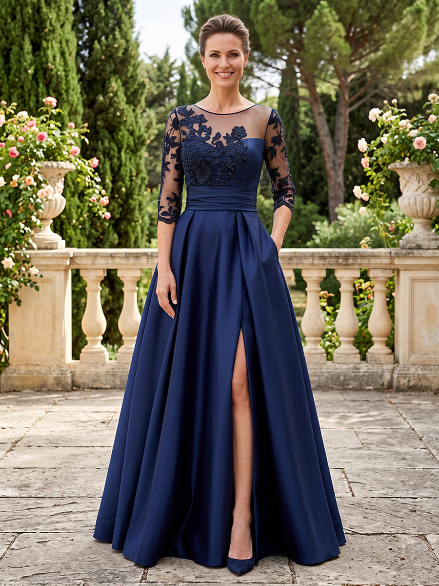 Satin A Line Jewel Neck Front Slit Structured Waist Mother of the Bride Dresses