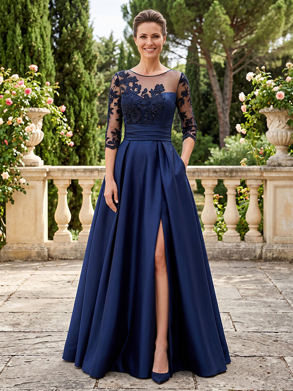 Satin A Line Jewel Neck Front Slit Structured Waist Mother of the Bride Dresses