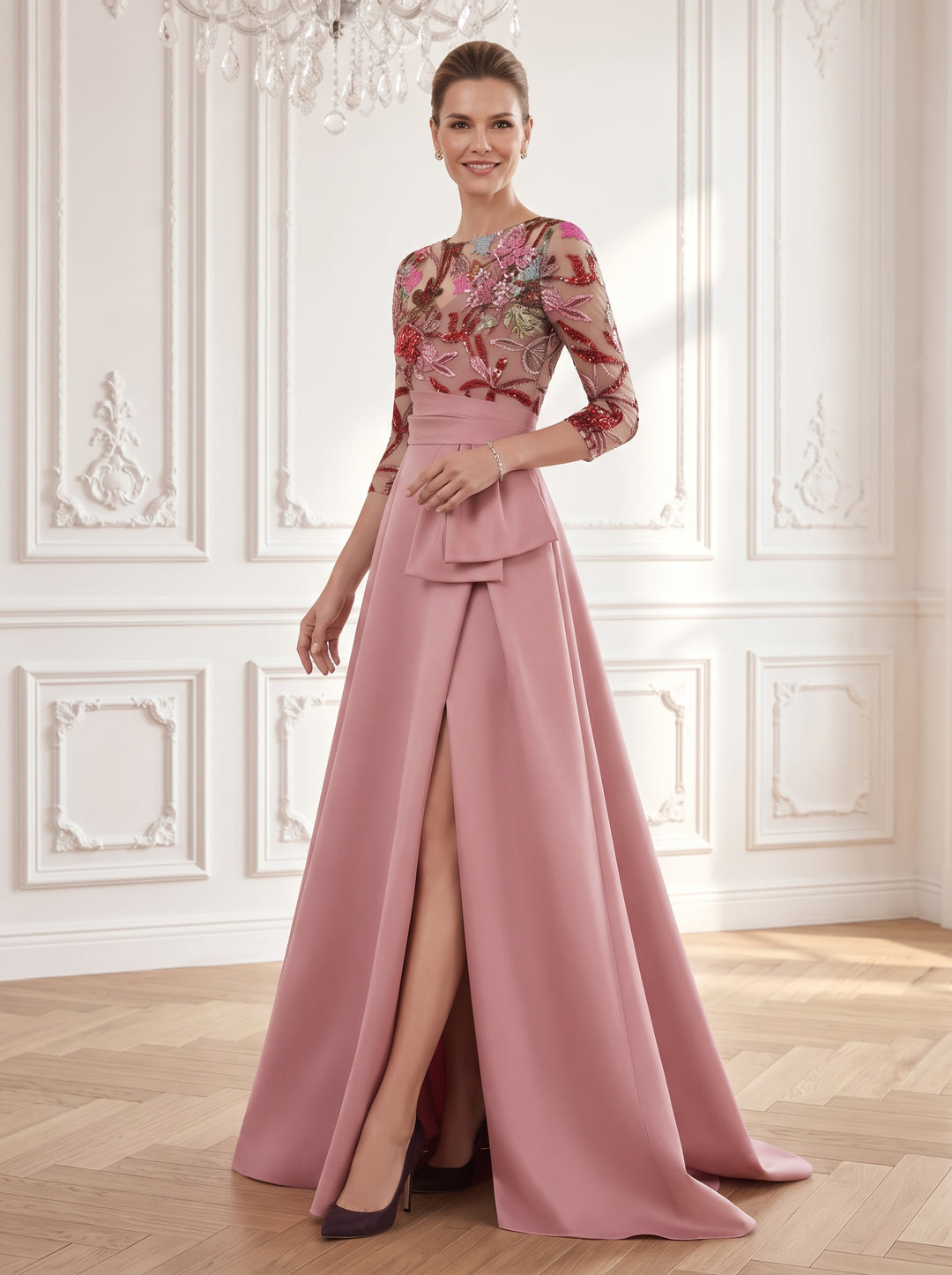 Satin A Line Jewel Neck Ruched Waist  Mother of the Bride Dresses