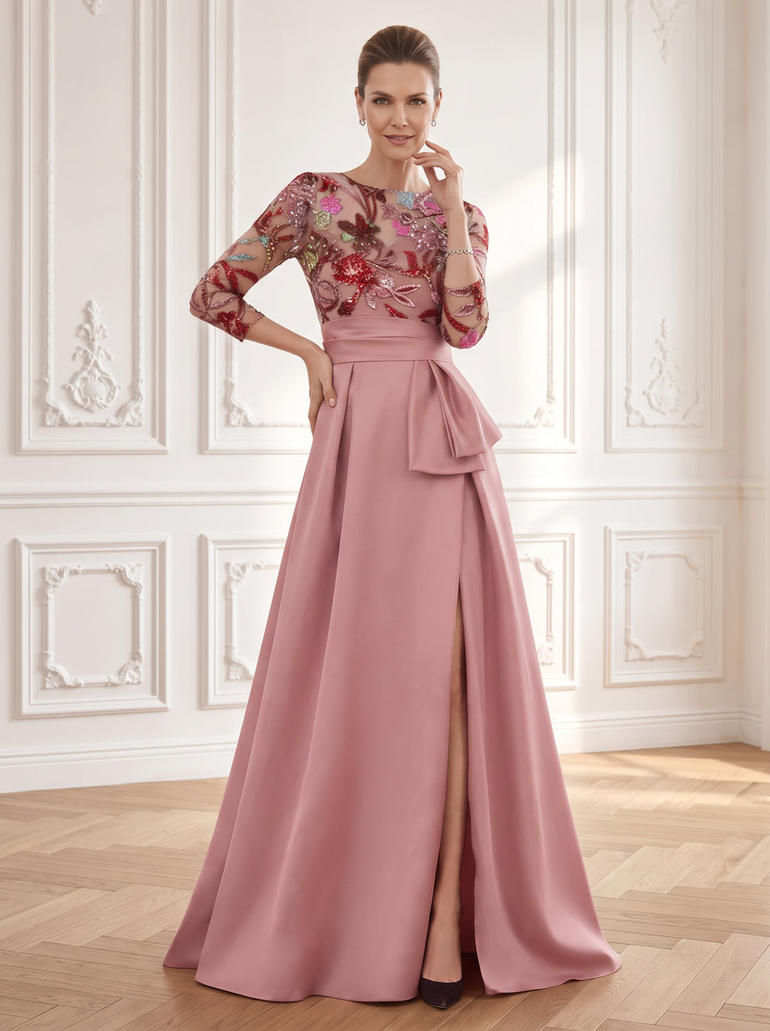 Satin A Line Jewel Neck Ruched Waist  Mother of the Bride Dresses