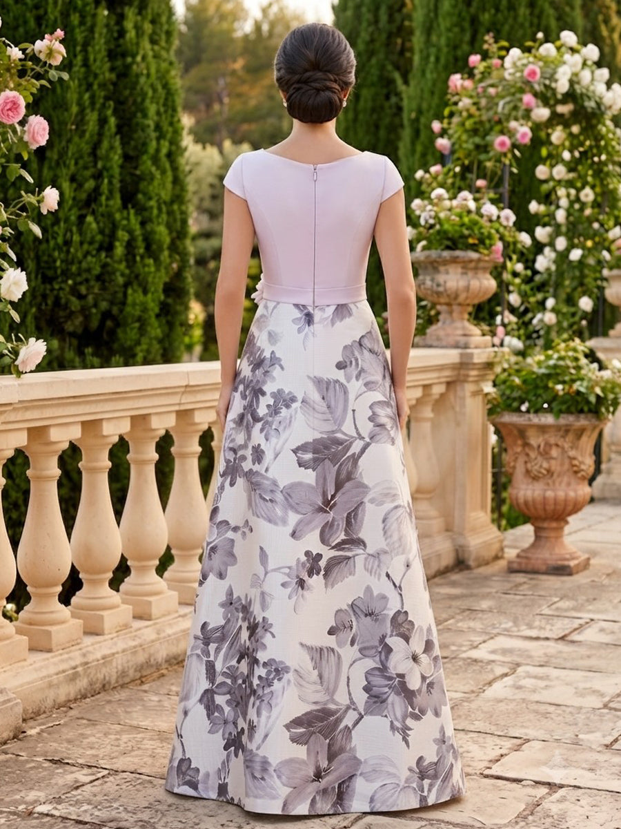 Satin A Line Modest V Neck Floral Print  Mother of the Bride Dresses