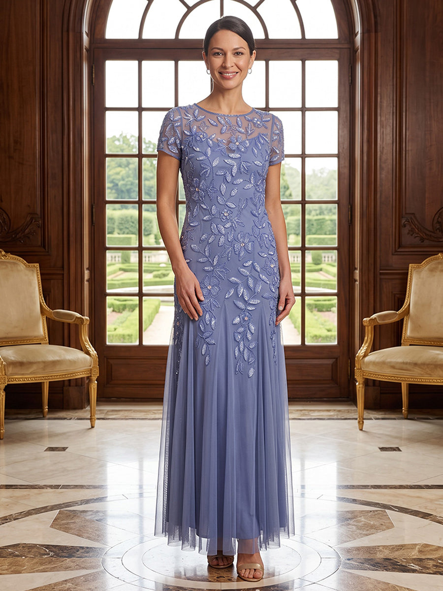 Sequin Embroidery A Line Jewel Neck Lace Appliques Tulle Mother of the Bride Dresses