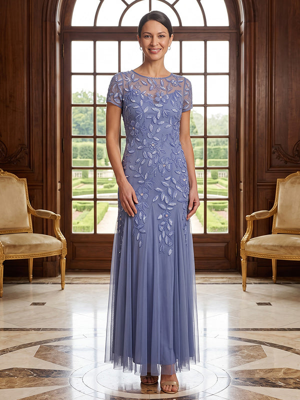 Sequin Embroidery A Line Jewel Neck Lace Appliques Tulle Mother of the Bride Dresses