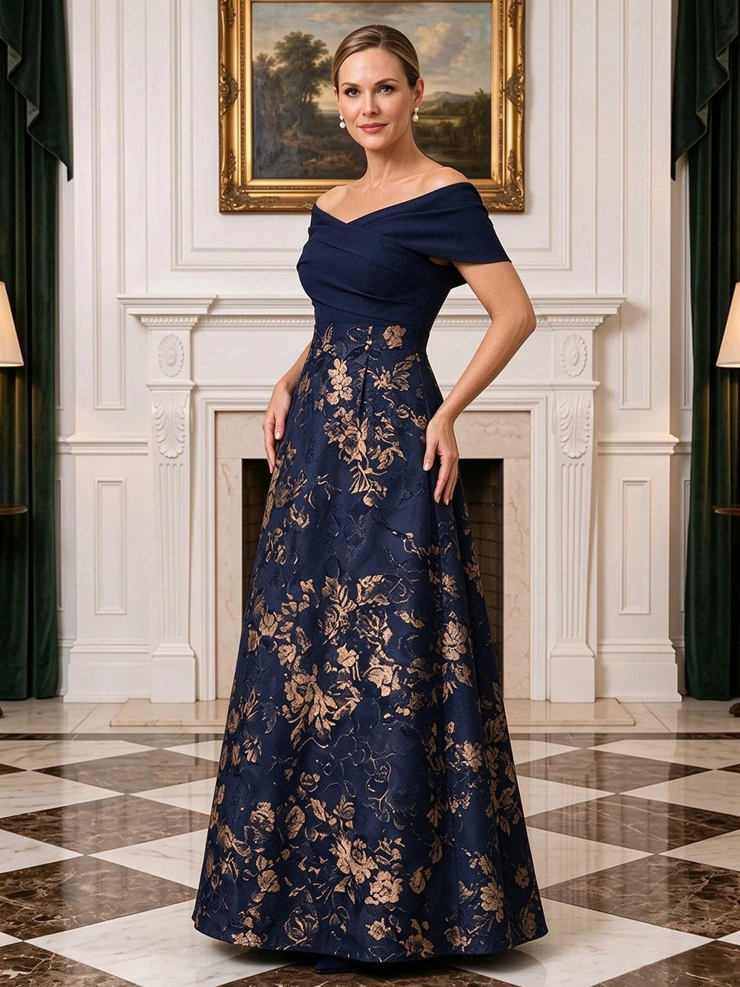 Jacquard A Line Off the Shoulder Cross Ruched Bodice  Mother of the Bride Dresses