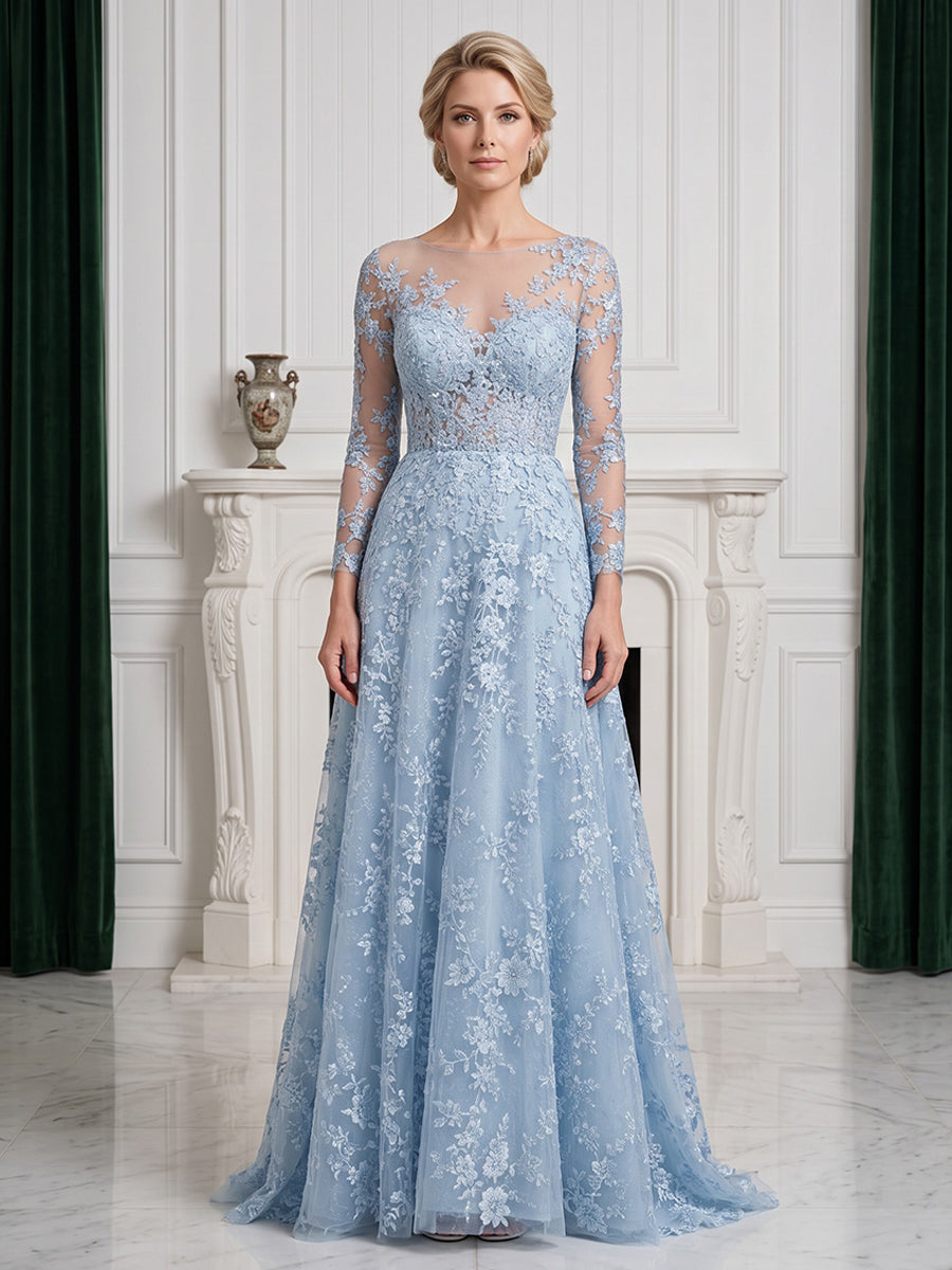 Tulle A Line Jewel Neck Lace Appliques  Mother of the Bride Dresses