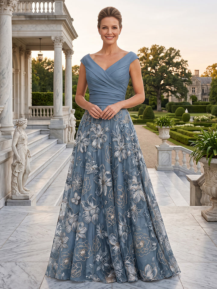 Satin A Line V Neck Ruched Bodice Tulle Mother of the Bride Dresses