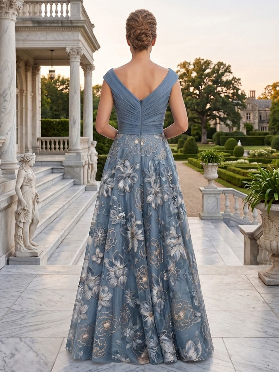 Satin A Line V Neck Ruched Bodice Tulle Mother of the Bride Dresses