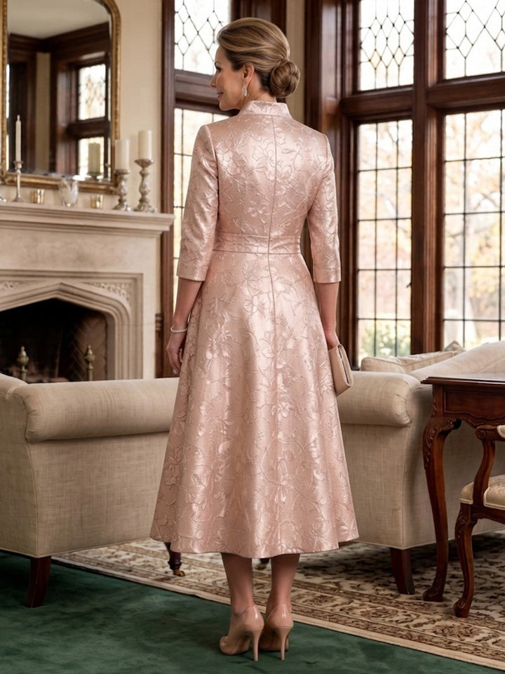 Jacquard A Line Stand Collar Ruched Waist  Mother of the Bride Dresses