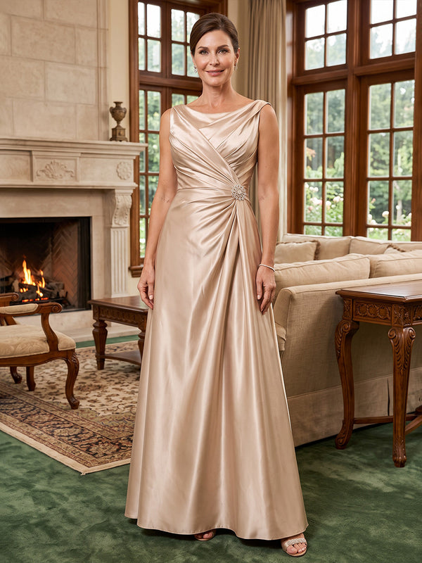 Satin A Line Jewel Neck Ruched Waist  Mother of the Bride Dresses