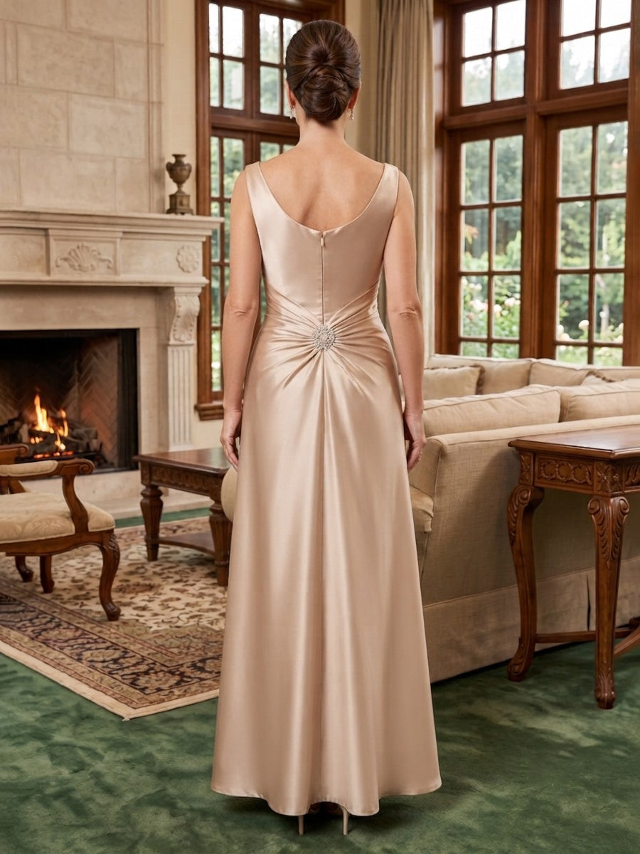 Satin A Line Jewel Neck Ruched Waist  Mother of the Bride Dresses