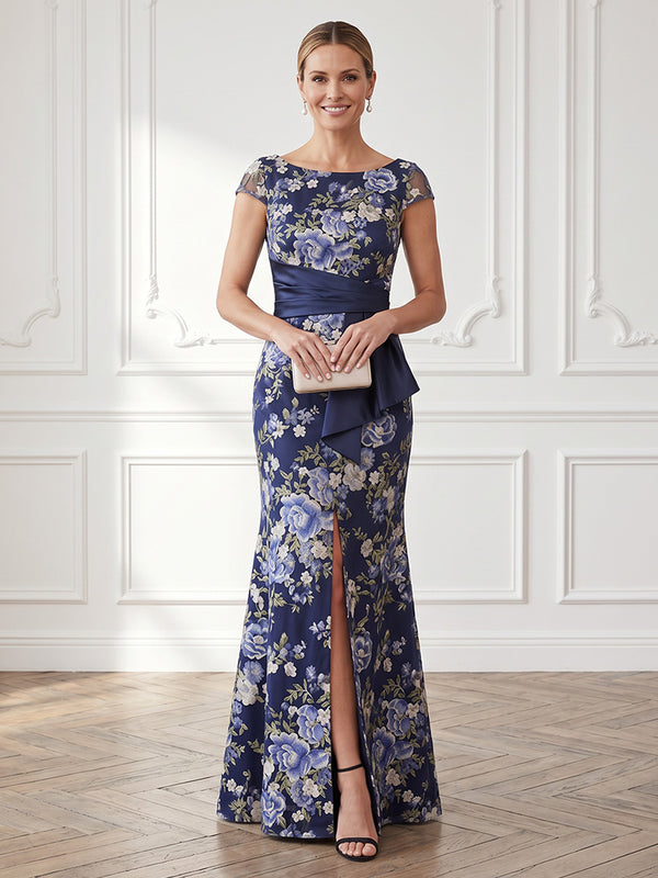 Jacquard Mermaid Jewel Neck Jacquard Ruched Waist Mother of the Bride Dresses