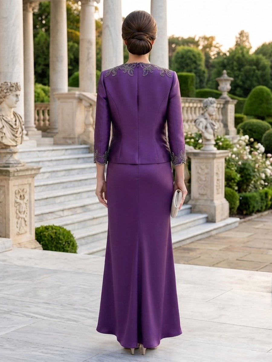Satin Mermaid Round Neck Sequin 2 Pieces Mother of the Bride Dresses