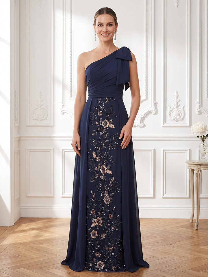 Satin A Line One Shoulder Ruched Waist Bow Shoulder Straps Mother of the Bride Dresses