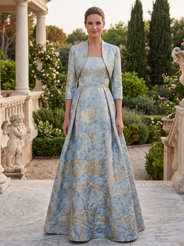Satin Jacquard A Line Stand Collar High Waist 2 Pieces Mother of the Bride Dresses