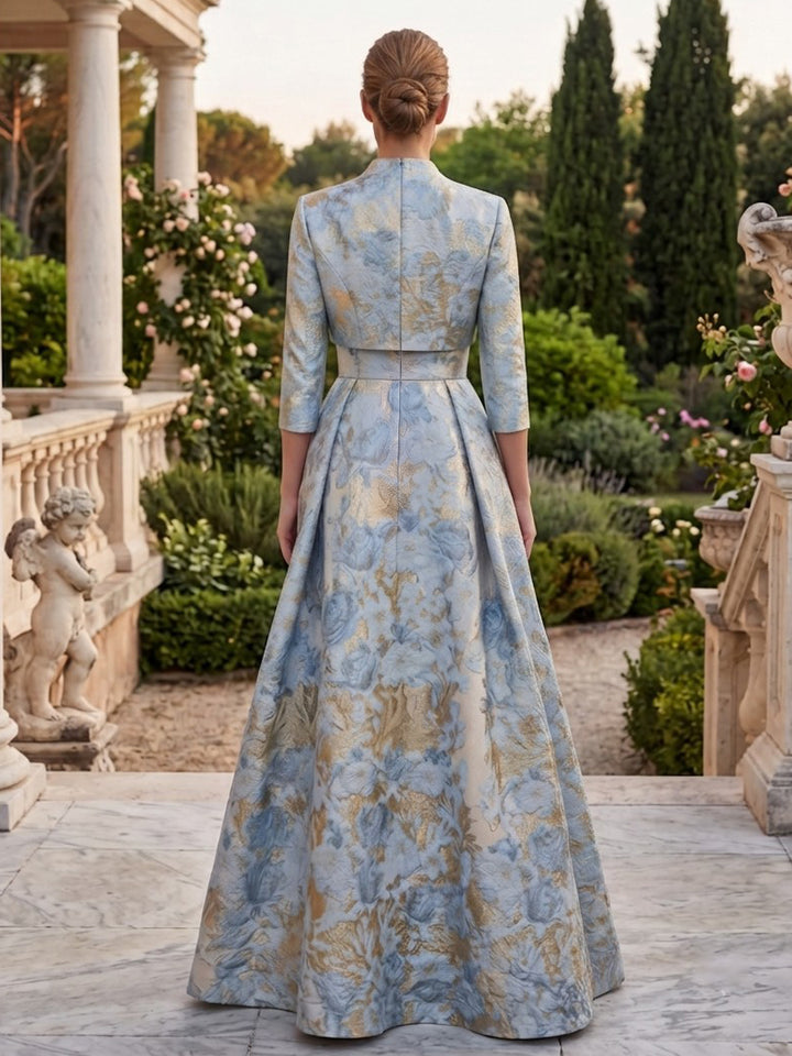 Satin Jacquard A Line Stand Collar High Waist 2 Pieces Mother of the Bride Dresses