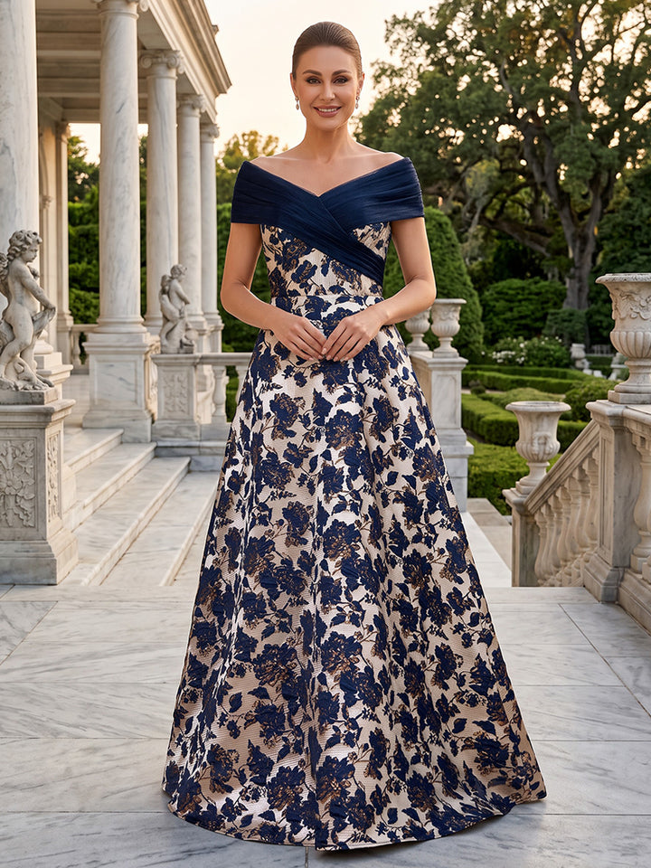 Satin Jacquard A Line Off the Shoulder Ruched Bodice  Mother of the Bride Dresses