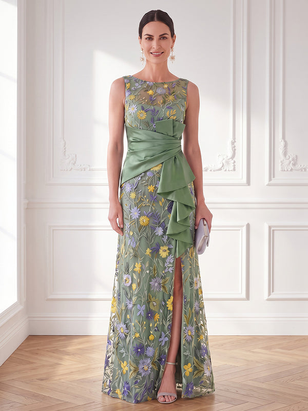Tulle A Line Jewel Neck Ruched Waist Side Slit Mother of the Bride Dresses