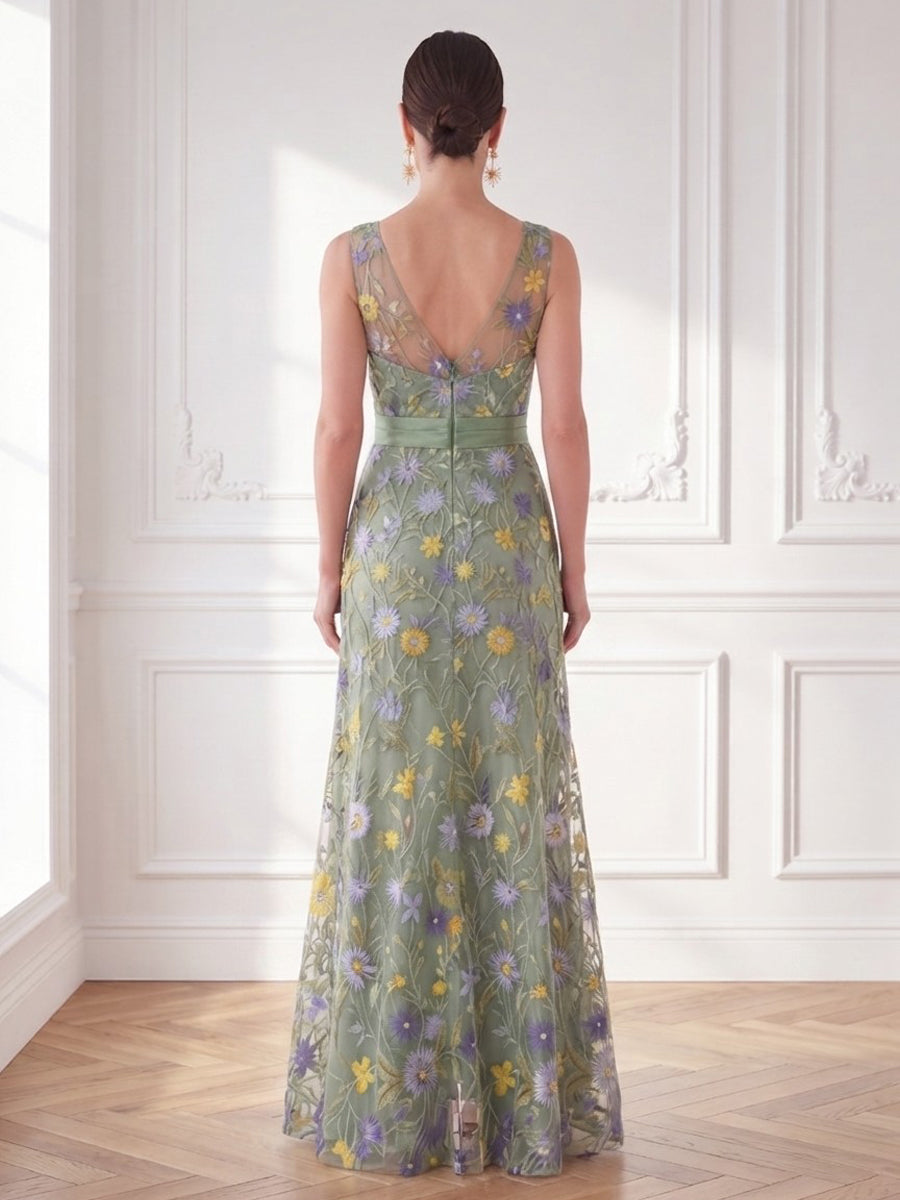 Tulle A Line Jewel Neck Ruched Waist Side Slit Mother of the Bride Dresses