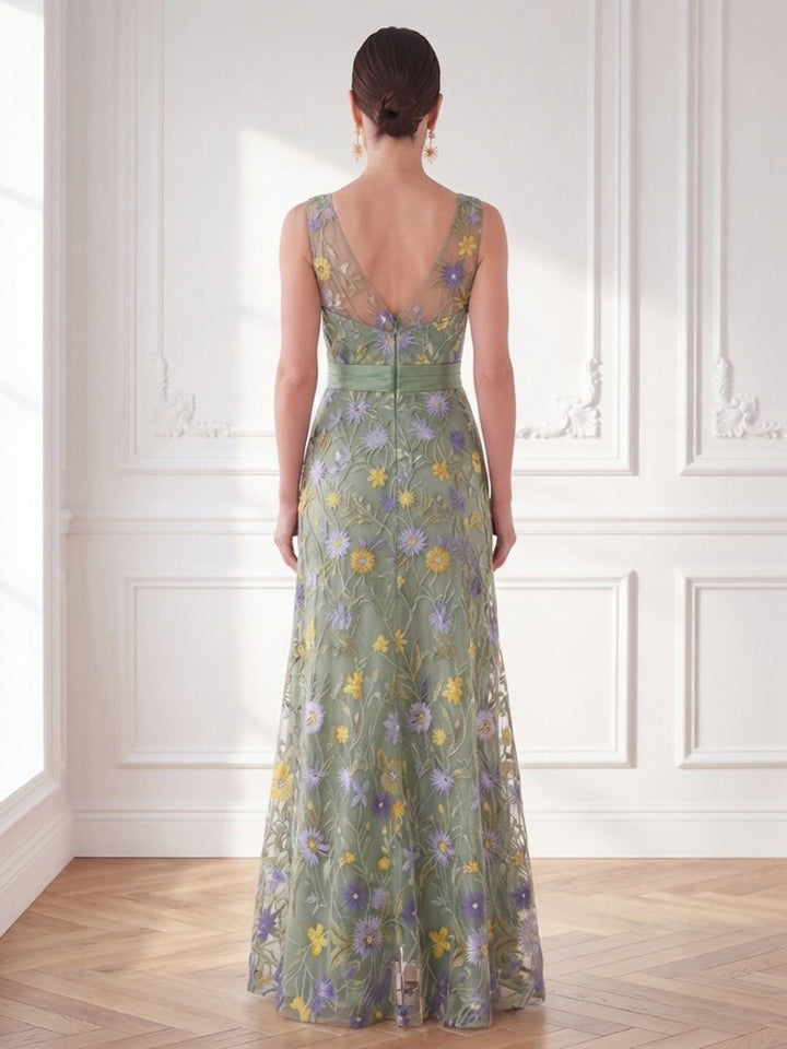 Tulle A Line Jewel Neck Ruched Waist Side Slit Mother of the Bride Dresses