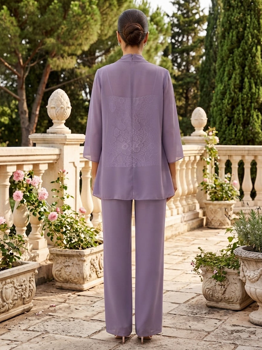 Chiffon A Line Square Neck Formal Pant Suit Lace Camisole Mother of the Bride Dresses