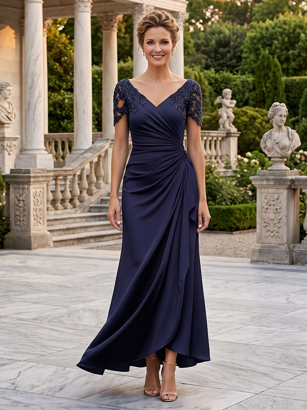 Satin A Line V Neck Ruched Waist  Mother of the Bride Dresses