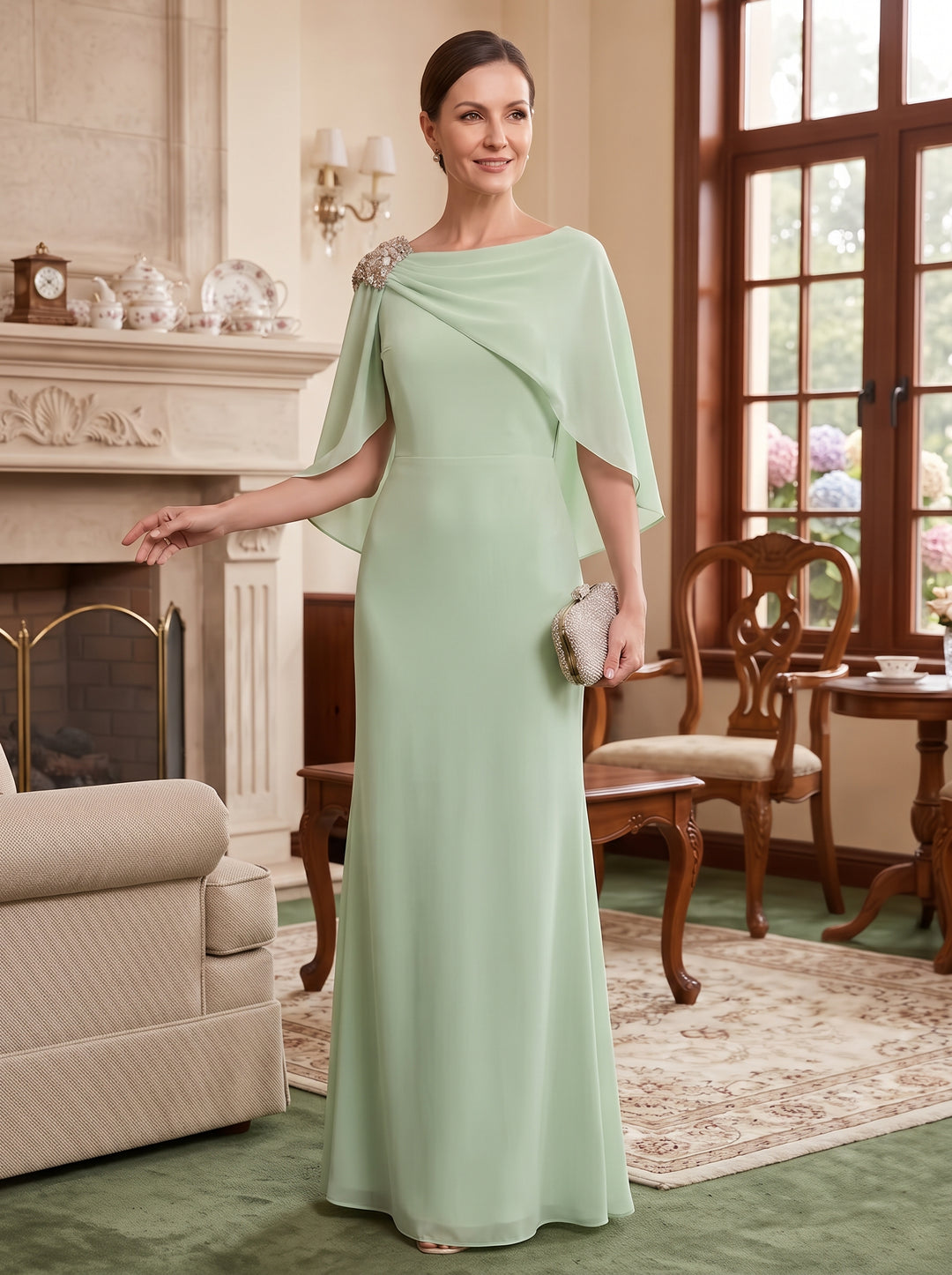 Chiffon A Line Jewel Neck with Cape  Mother of the Bride Dresses