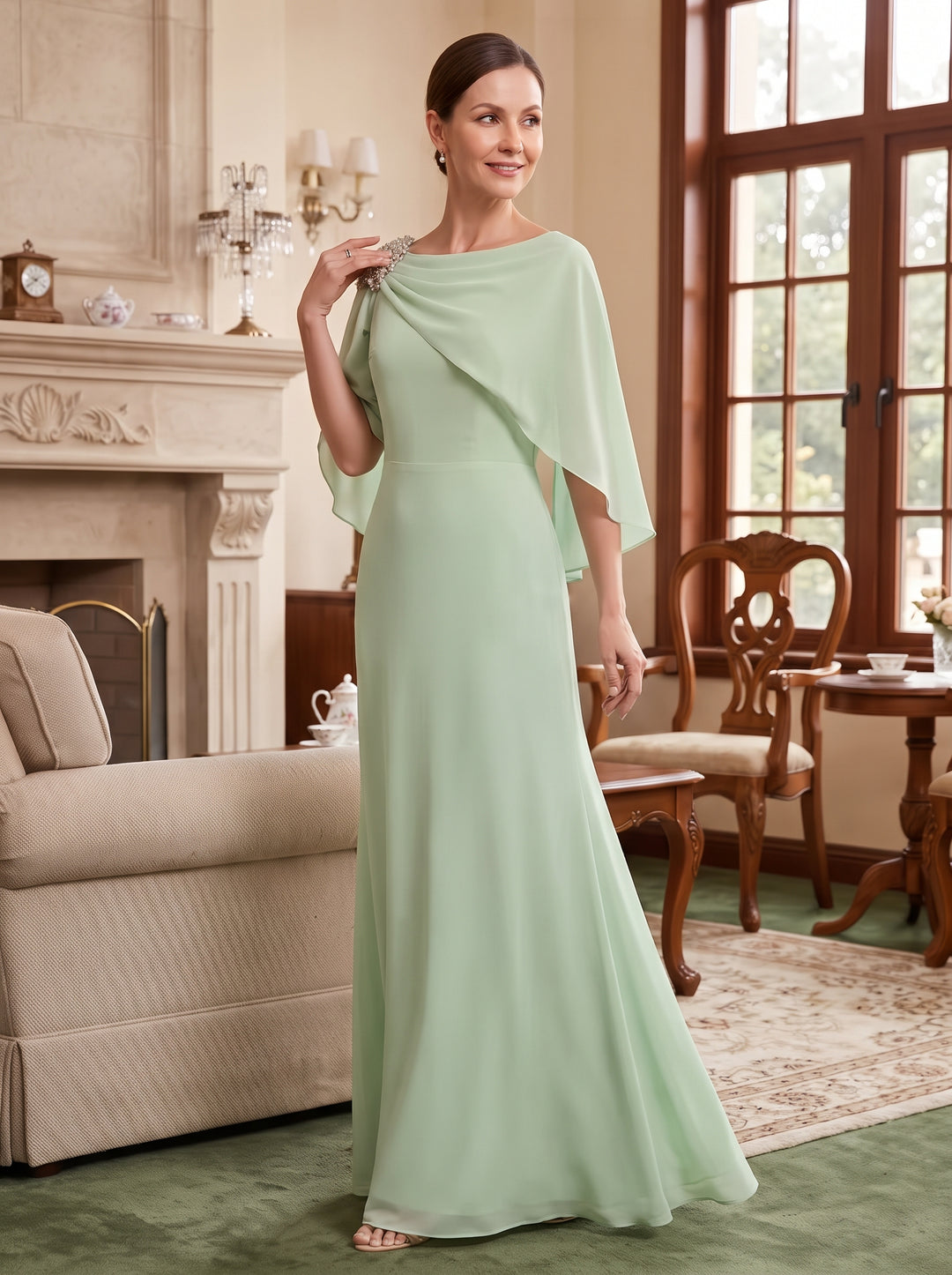 Chiffon A Line Jewel Neck with Cape  Mother of the Bride Dresses