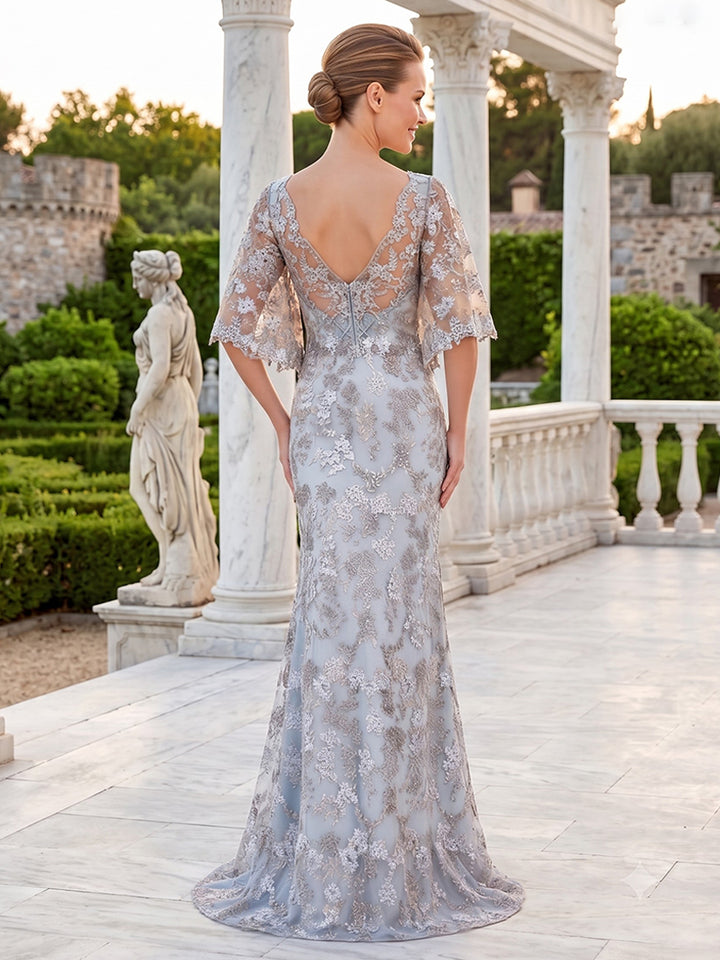 Sequin Mermaid Jewel Neck Lace Appliques Structured Waist Mother of the Bride Dresses