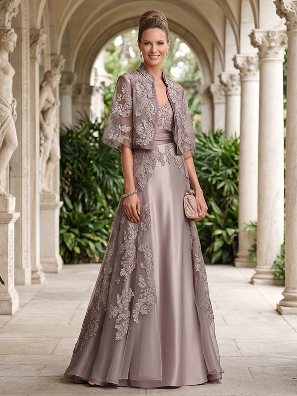 Satin A Line Stand Collar Lace Appliques 2 Pieces Mother of the Bride Dresses