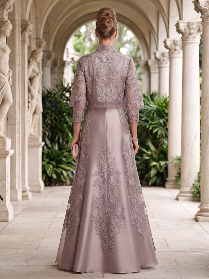 Satin A Line Stand Collar Lace Appliques 2 Pieces Mother of the Bride Dresses