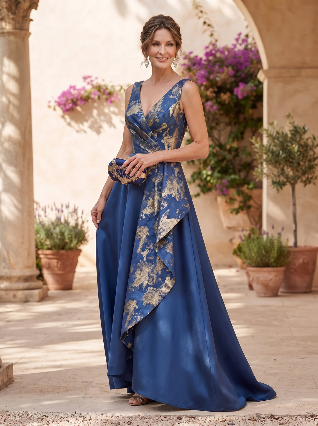 Jacquard A Line V Neck Ruffles High Waist Mother of the Bride Dresses