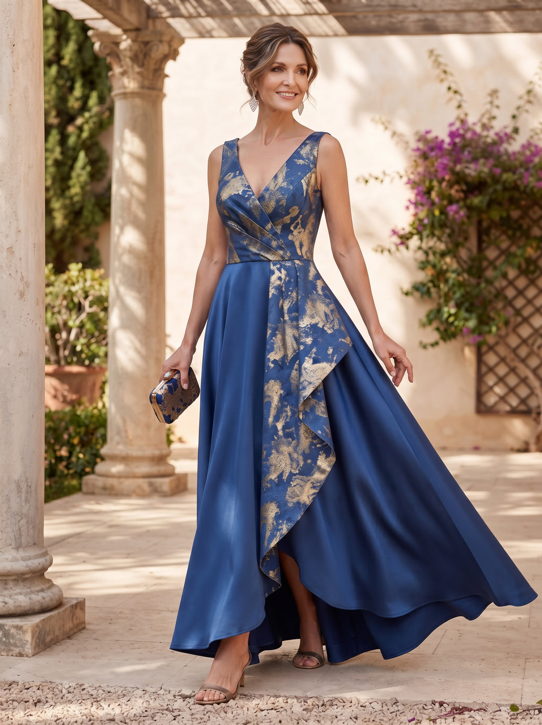 Jacquard A Line V Neck Ruffles High Waist Mother of the Bride Dresses