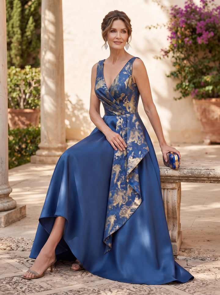 Jacquard A Line V Neck Ruffles High Waist Mother of the Bride Dresses