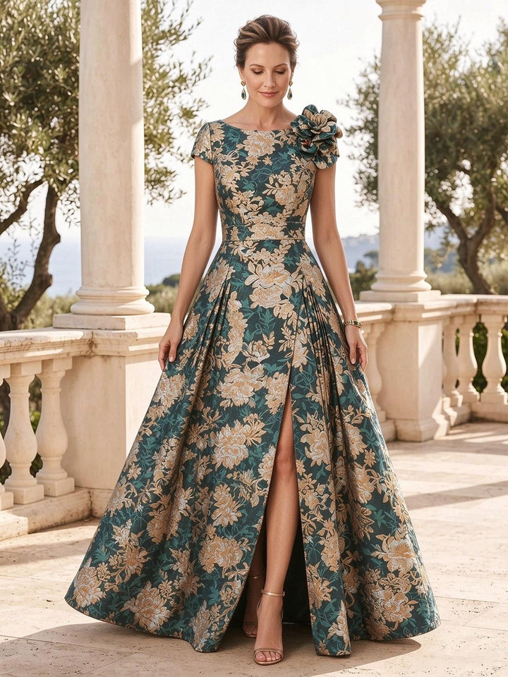 Jacquard A Line Jewel Neck Overskirt Structured Waist Mother of the Bride Dresses