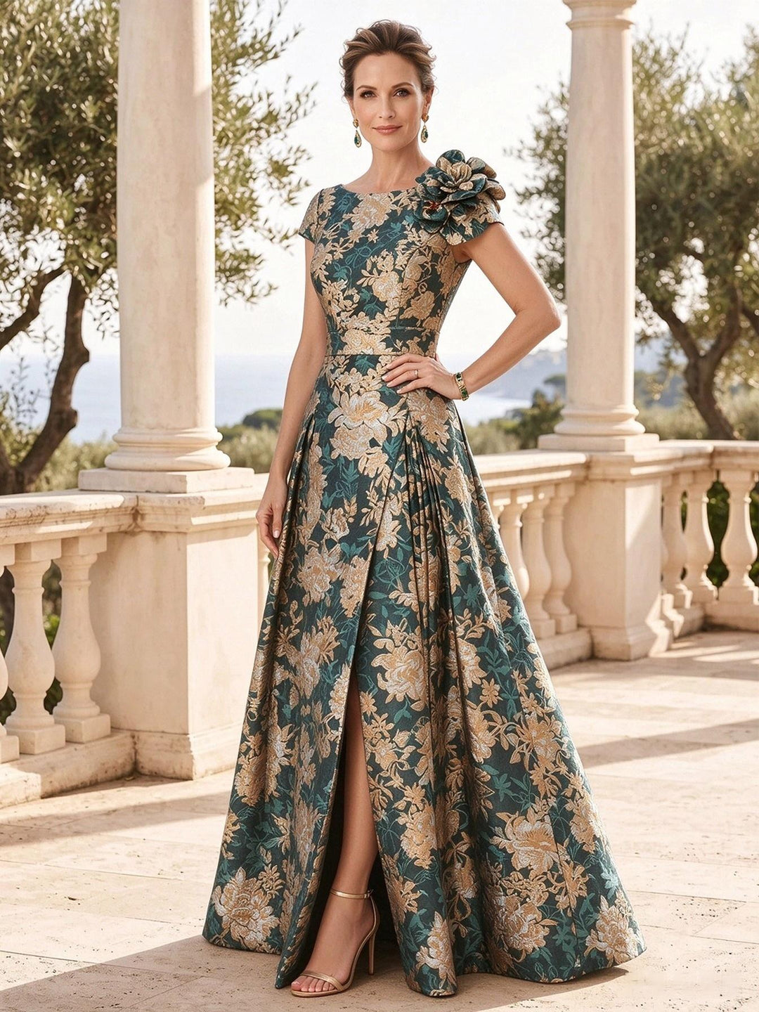 Jacquard A Line Jewel Neck Overskirt Structured Waist Mother of the Bride Dresses