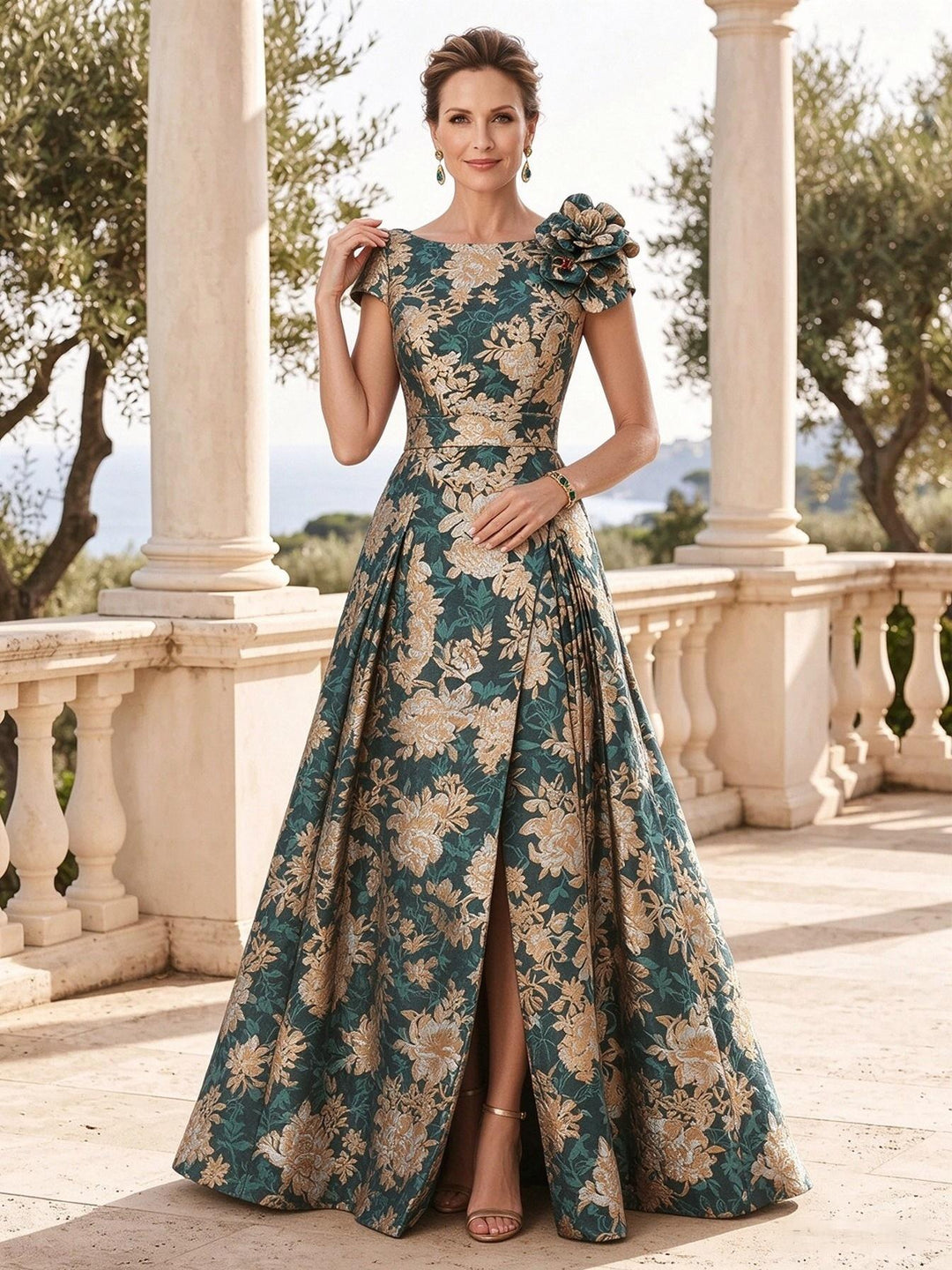 Jacquard A Line Jewel Neck Overskirt Structured Waist Mother of the Bride Dresses