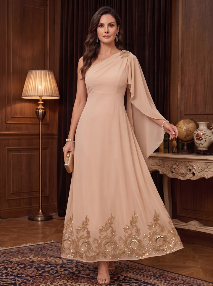 Chiffon A Line One Shoulder Cape Sleeves High Waist Mother of the Bride Dresses