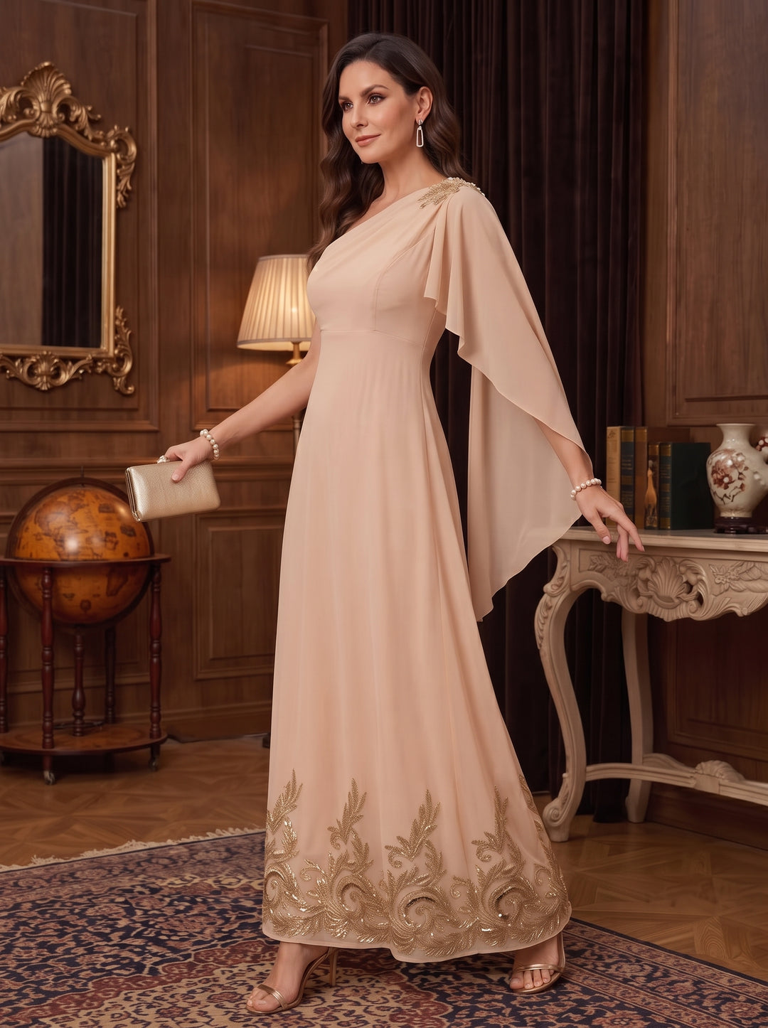 Chiffon A Line One Shoulder Cape Sleeves High Waist Mother of the Bride Dresses