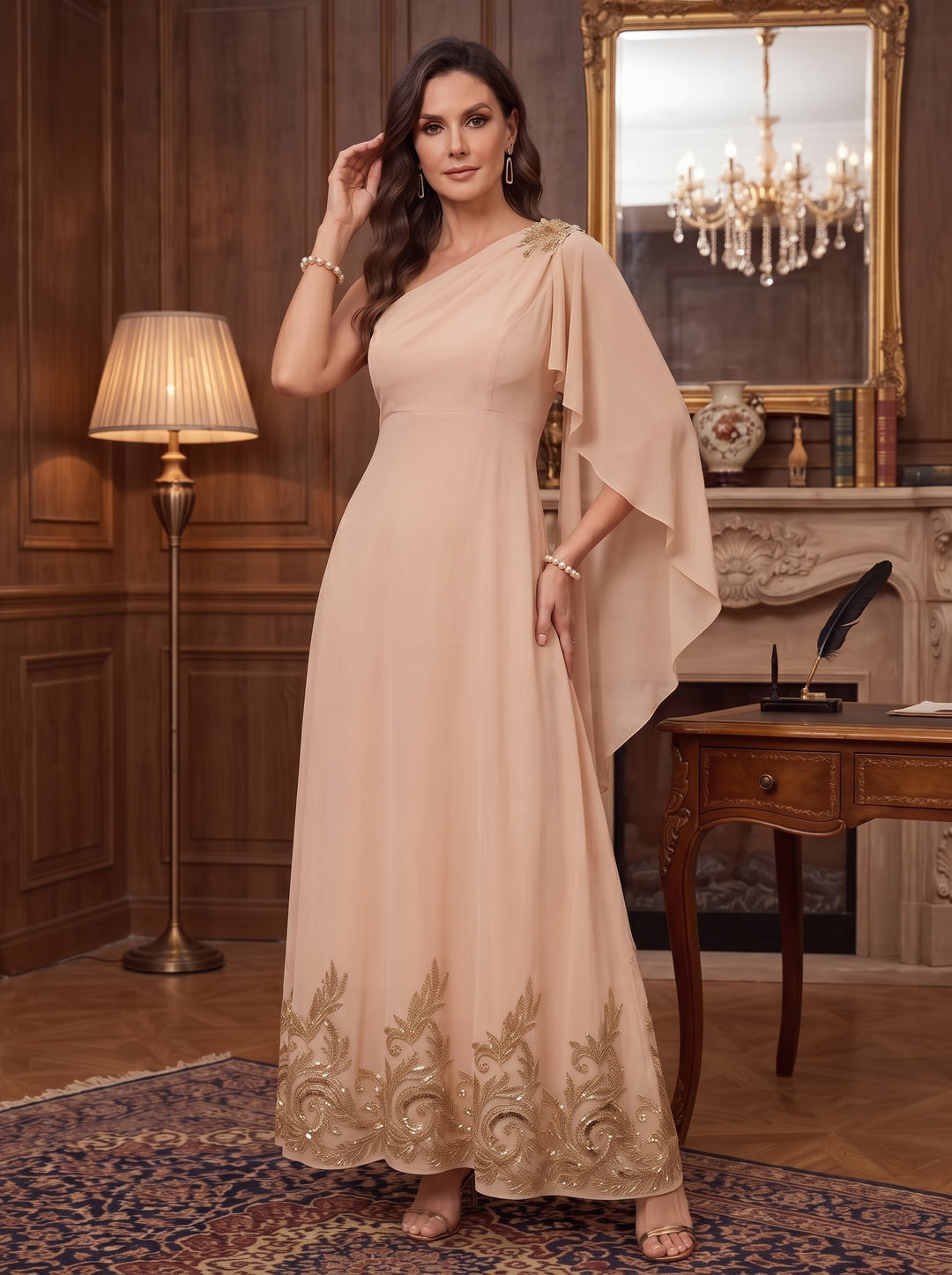 Chiffon A Line One Shoulder Cape Sleeves High Waist Mother of the Bride Dresses