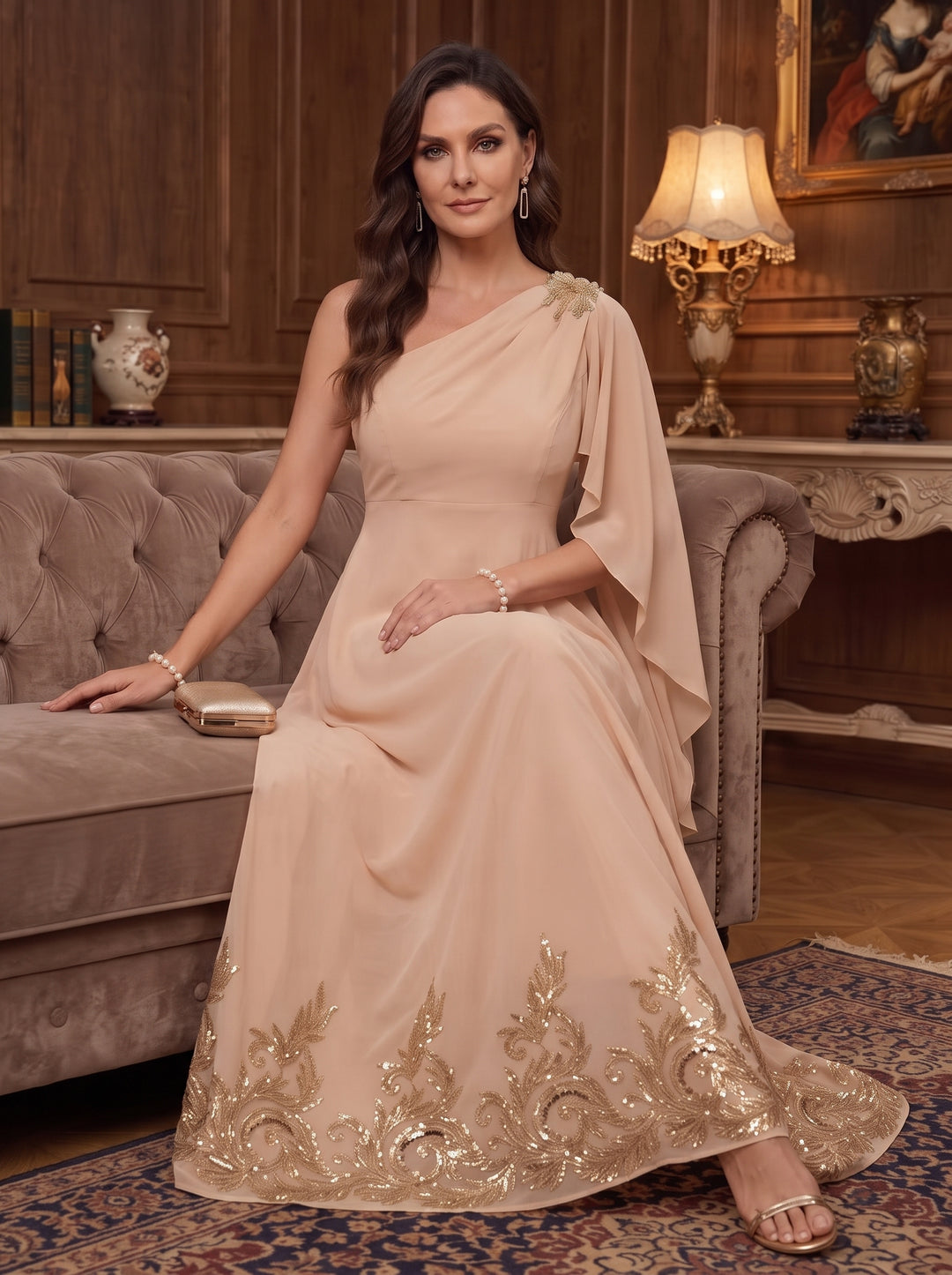 Chiffon A Line One Shoulder Cape Sleeves High Waist Mother of the Bride Dresses