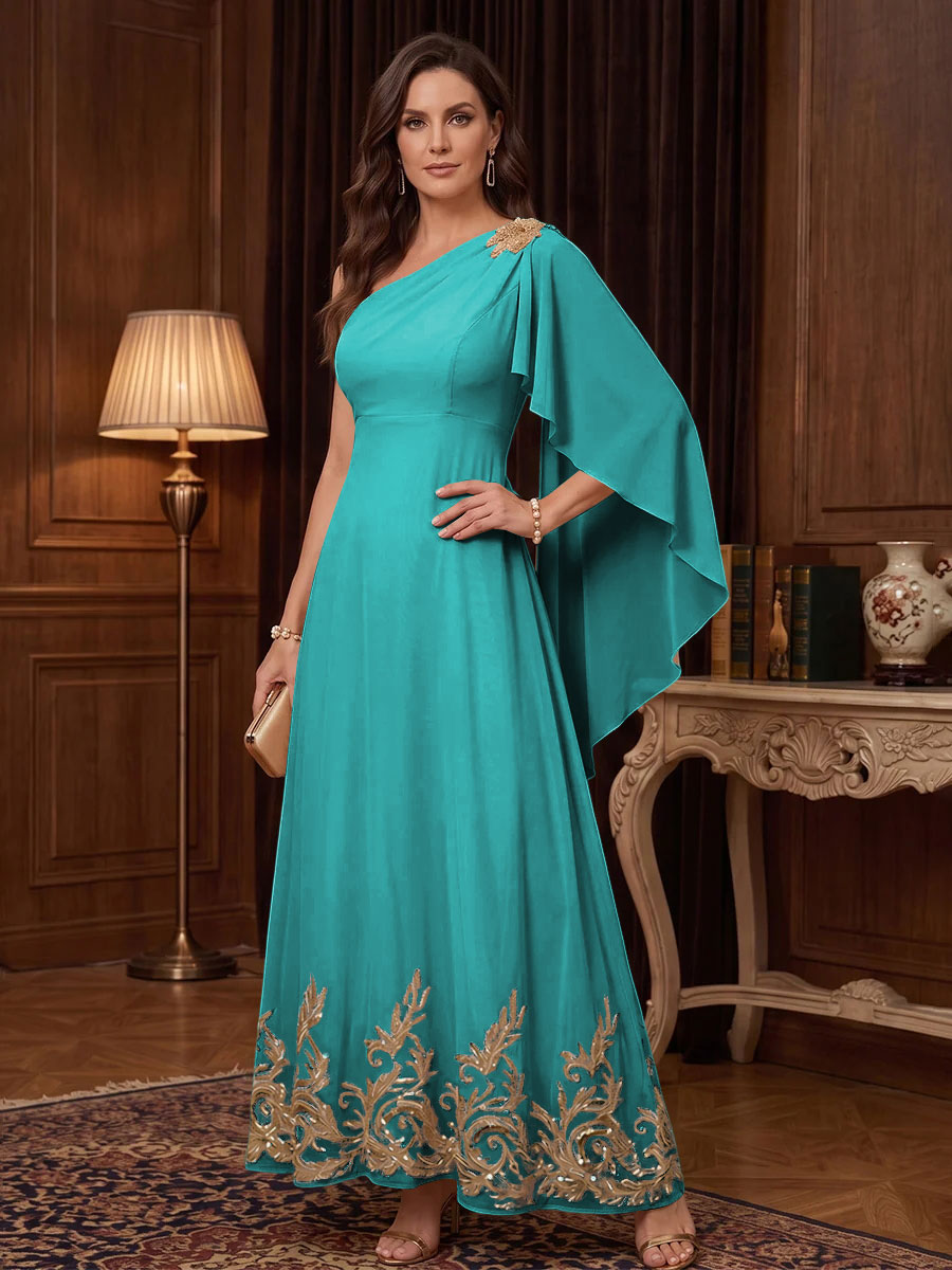 Chiffon A Line One Shoulder Cape Sleeves High Waist Mother of the Bride Dresses