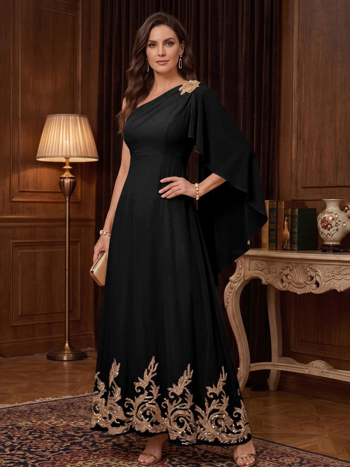 Chiffon A Line One Shoulder Cape Sleeves High Waist Mother of the Bride Dresses