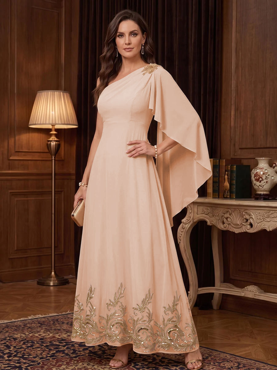 Chiffon A Line One Shoulder Cape Sleeves High Waist Mother of the Bride Dresses