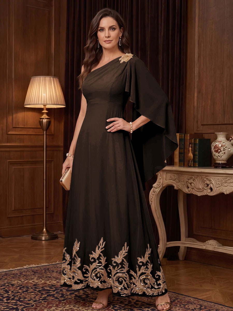 Chiffon A Line One Shoulder Cape Sleeves High Waist Mother of the Bride Dresses