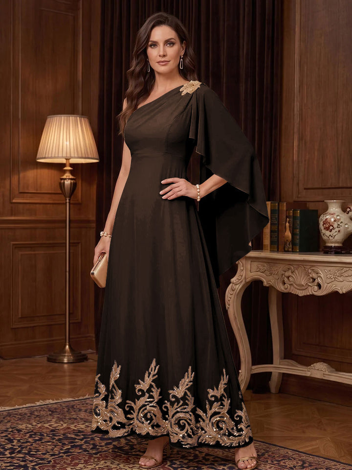 Chiffon A Line One Shoulder Cape Sleeves High Waist Mother of the Bride Dresses