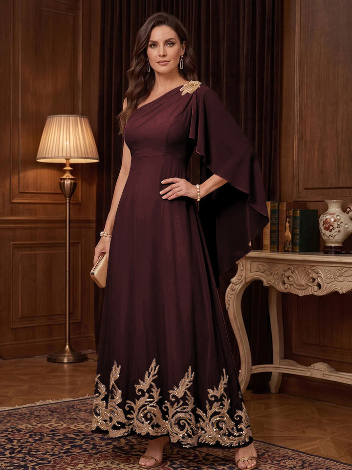 Chiffon A Line One Shoulder Cape Sleeves High Waist Mother of the Bride Dresses