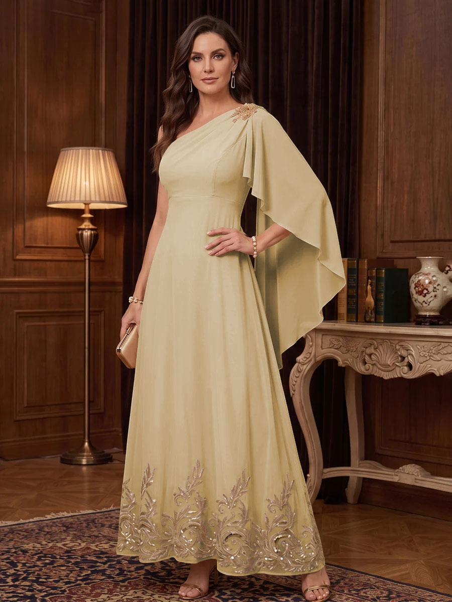 Chiffon A Line One Shoulder Cape Sleeves High Waist Mother of the Bride Dresses