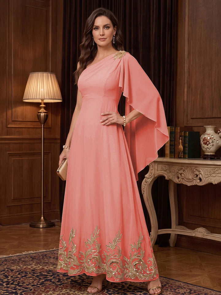 Chiffon A Line One Shoulder Cape Sleeves High Waist Mother of the Bride Dresses