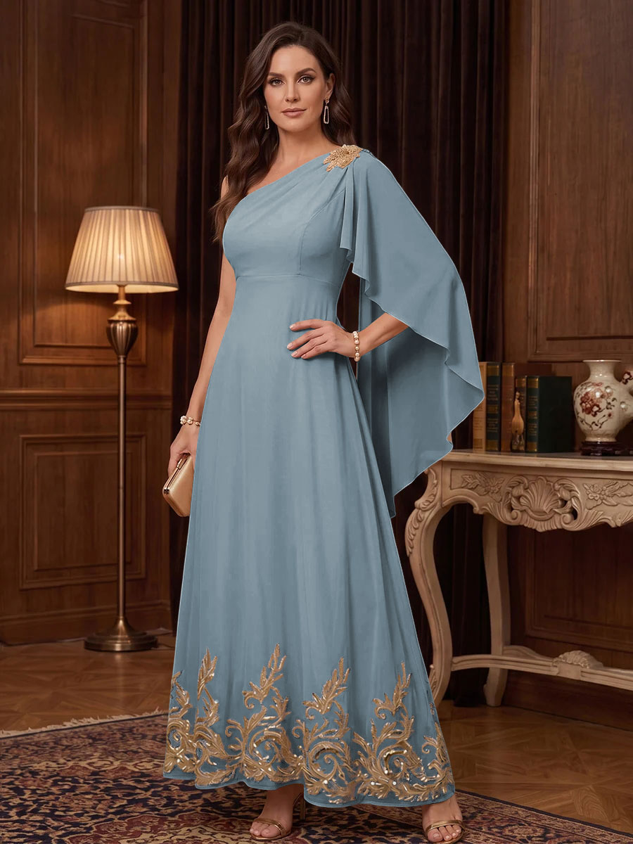 Chiffon A Line One Shoulder Cape Sleeves High Waist Mother of the Bride Dresses
